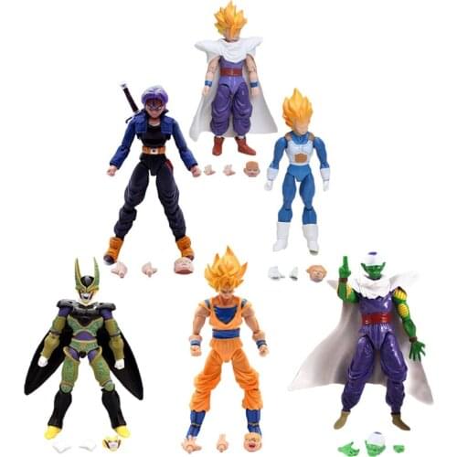 6 Pcs/set Dragon Ball Action Figure SHF Goku Vegeta Trunks Gohan Movable Joints and Face-changing Hands Figurine Anime Model Toy