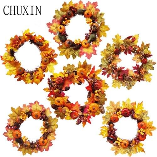 Autumn color Artificial pumpkin leaf wall hanging wreath Home Halloween harvest festival Christmas decoration DIY wedding decor