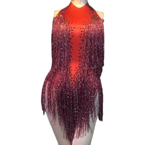 Red Tassel Rhinestones Bodysuit Women Backless Sleeveless Sexy Bodycon Nightclub Dance Show Wear Theatrical Costume For Women