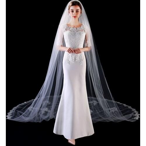 JaneVini Ivory Lace Edge Wedding Veils with Comb Cathedral One Layer Applique Tulle Bridal Veil Wedding Viel Accessories 2021