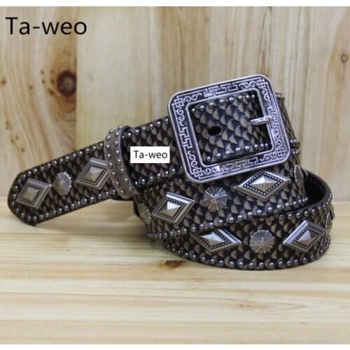 Fashion Unisex Faux Snakeskin Striped Belt, Genuine Leather Women Belts, Designer Belts Men High Quality, Retro Rivet Belt
