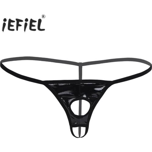 IEFiEL Men Underwear Sexy Lingerie Panties Patent Leather Open Pouch G-string Bikini Gay Underwear Underpants with Penis Holes
