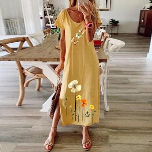 Plus Size Women Dresses Butterfly Floral Print Short Sleeve O Neck Long Maxi Dress for Women Summer Loose Long Dress Vestidos