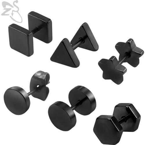 ZS 6 Pairs/lot Stainless Steel Stud Earrings 8mm Set Men Ear Studs Earring Geometry Piercing Black Round Earrings Pendientes