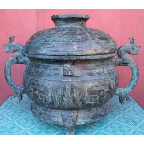 USPS to USA S1803 17" Tibet Old Bronze Dynasty Dragon Lion Head Statue Jar Incense Burner Censer