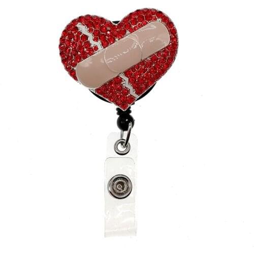 10/lot Free Shipping Red Rhinestone Heart Shaped Retractable badge Holder Enamel Bandage Medical Nurse Badge Reel With Clips