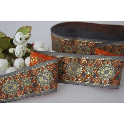 High quality 9yards/lots Woven Jacquard Ribbon 5cm grey background gold totem pattern LS-3717