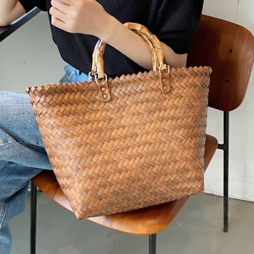 Ladies Simple Basket Shopping Bag Beach Straw Woven Handbag For Women Underarm Shoulder Bags Luxury Banboo Handle Travel Totes