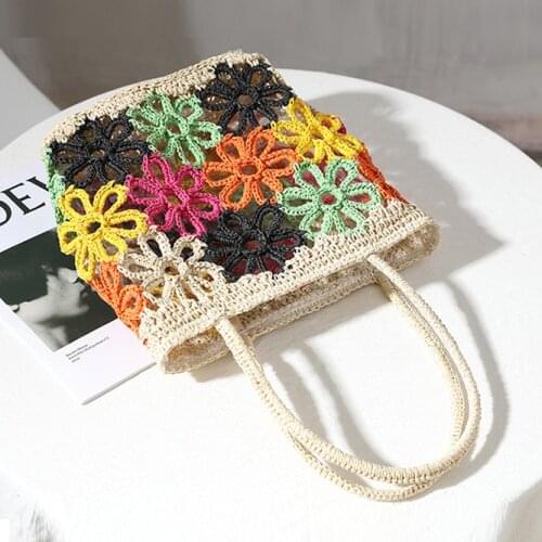 Bohemian Hollow Flower Woven Tote Bags For Women Summer Colors Flowers Straw Shoulder Bag Womens Bag Beach Straw Women Handbags