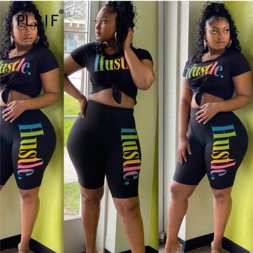 New style rainbow letters spliced women clothing o-neck short sleeve tees and high waist tight shorts 2 piece set fitness suit