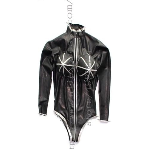 Inflatable breast design long sleeve womens black Fetish sexy latex swimsuit with gray trims and rivets decorations