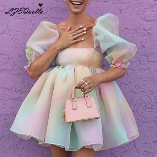 LZEQuella Sexy Slash Neck Women Summer Dress Colorful Mesh Puff Sleeve Princess Ball Gown Dresses Ruffles Elegant Clothes 2021