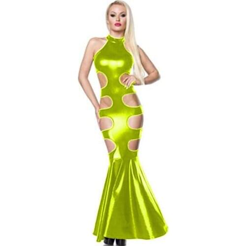 Faux Leather Maxi Dress Hollow Out High Waist Shiny Long Dress Ladies mock Neck Sleeveless Metallic Mermaid Dress
