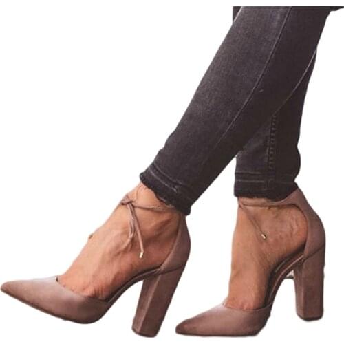 6 Colors Pointed Strappy Pumps Sexy Retro High Thick Heels Shoes 2108 New Woman Shoes Female Lace Up Shoes