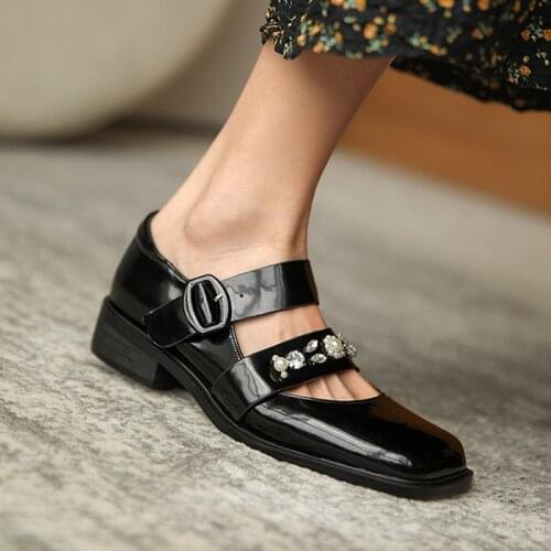 Shiny black white leather pumps block heel mary janes girls school shoes casual women