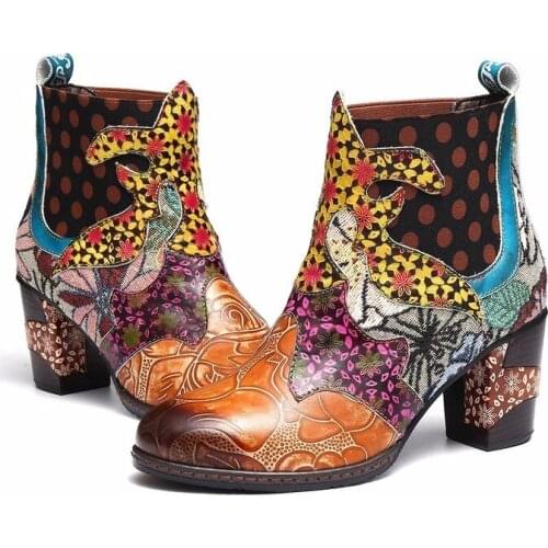 Ethnic Style Thick High-heeled Fashion Boots Large Size Womens Shoes New Round Toe All-match Non-slip Martin Boots Women