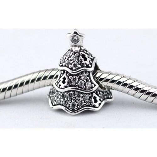 Pave Stones Top Star Christmas Tree Beads for Silver 925 Original Charms Bracelets Clear CZ DIY Silver Beads for Jewelry Making