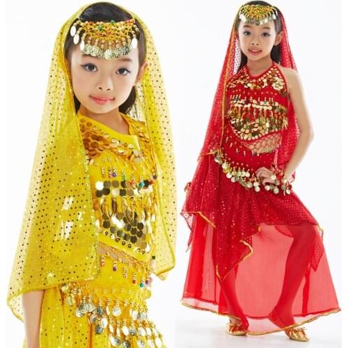 2018 new belly dance costumes for kids 7piece fashion indian clothes red/rose/yellow arabian belly dancer costumes 2 Colors