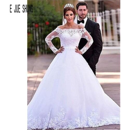 E JUE SHUNG Vestido De Noiva Wedding Dress Off The Shoulder Wedding Gown Lace Appliques Full Sleeve Lace Up Back Wedding Dress