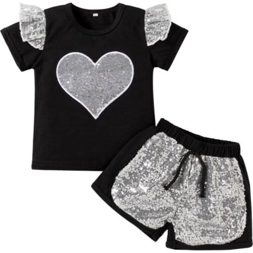 Girl’s T-shirt and Shorts Set Fashion Contrast Color Sequin Short Sleeve Tops and Bandage Short Pants 1- 6 Years