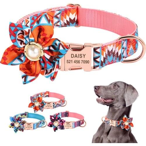 Custom Dog Collar Personalized Nylon Pet Dog Tag Collar Engraved ID Printed Nameplate Fashion Flower Leash For Puppy Cat Pets