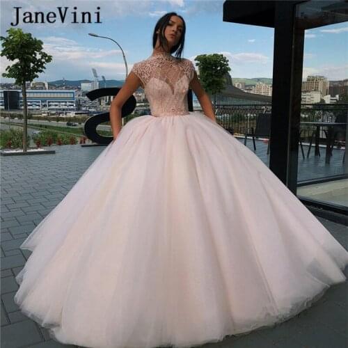 JaneVini Elegant Light Pink Puffy Long Quinceanera Dresses Ball Gown High Neck Cap Sleeves Beading Princess Sweet 16 Prom Gowns