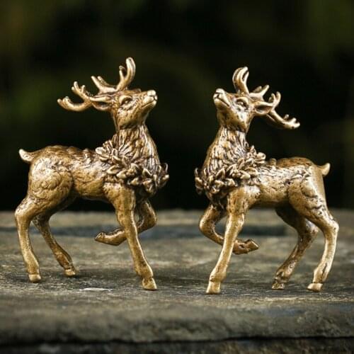 1 Pair Brass Sika Deer Figurine Lucky Feng Shui Statue Craft Home Office Desk Deoration Accessories Vintage Copper Deer Ornament