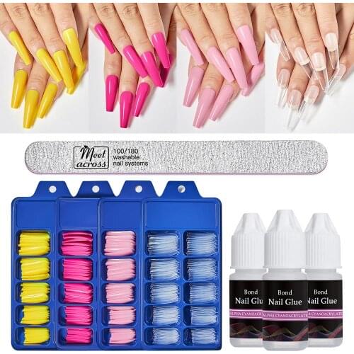 MEET ACROSS 100Pcs/Box False Nail Tips Colorful Nail Tips Flat Shape Nail Art Tips Clear Full Cover Manicure Fake Nail Tips