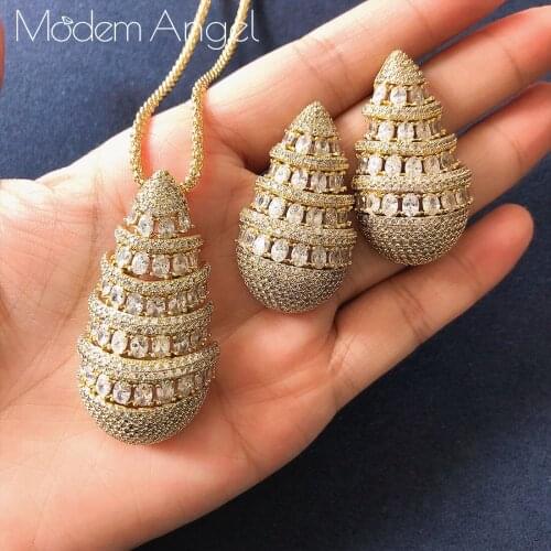 ModemAngel 2021 Luxury WATER DROP Cubic Zirconia Necklace Earring Jewelry Sets For Women Wedding Indian Dubai Bridal Jewelry Set
