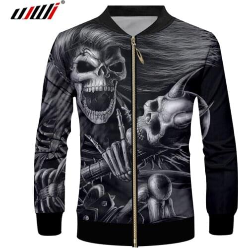 UJWI Mens Hip Hop Street Clothing 3D Printed Zip Jacket Long Hair And Angle Skull Man Black White Big Size Zipper Coat 5XL