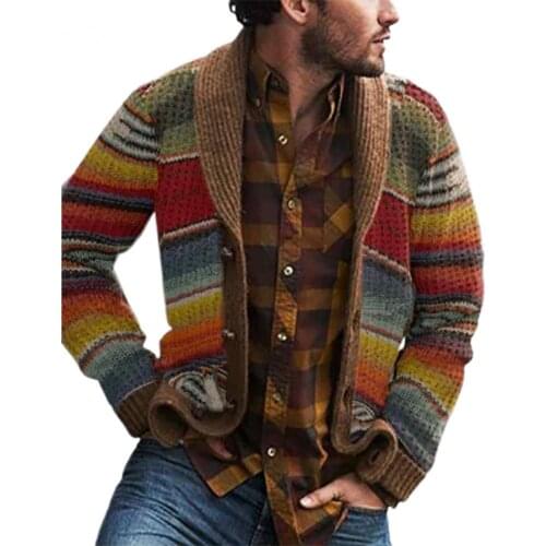 Men Autumn Winter Open Front Cardigan Stripes Long Sleeve Knitted Coat Jacket