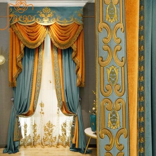 High-end Luxury Blue-orange Embroidery Floral Flannel Stitching Blackout Curtains for Living Room Bedroom Custom Valance