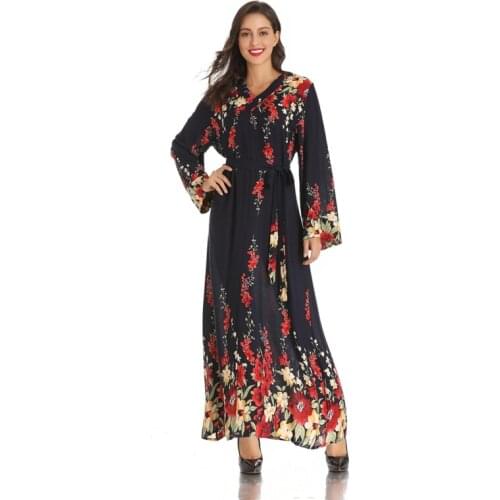 Vintage Floral Print Bohemia Long Dress Muslim Formal Dress Arab Oman Turkey Morocco Maxi Robes Femme Eid Ramadan Abaya Clothes