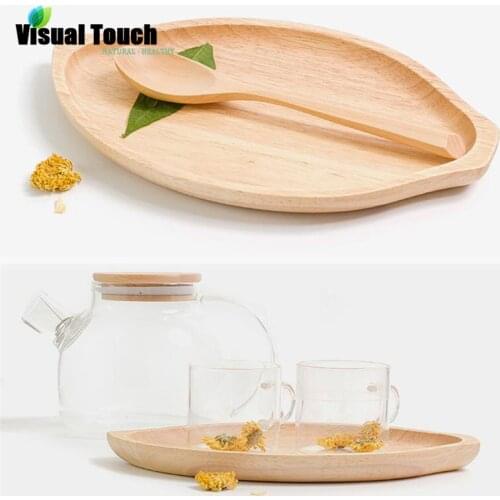 Visual Touch Leaf Shaped Rubber Wood Breakfast Plates Plain Wooden Fruit Dishes Dessert Japanese Sushi Platter Serving Tray