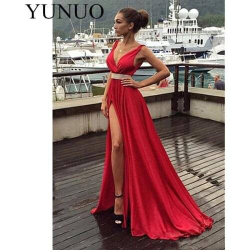 High Quality Satin Sexy Deep V Neck Red Evening Dresses Long Side Split Long Formal Party Dresses