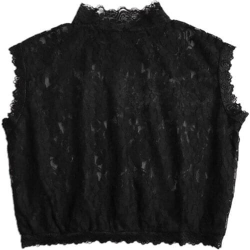 Women Hollow Floral Lace False Fake Collar Turtleneck Detachable Dickey Half Shirt Blouse Elegant Sleeveless Underwear