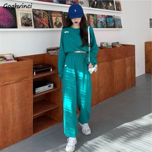 2 Piece Sets Women Leisure Loose Crop Pullovers Harajuku Korean Style High Waist Elastic Pants Workout Wear Hip Hop Matching Set