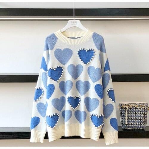 Womens Knitted Sweater Korean Version Loose Pearls Beading Jumpers Spring Autumn Pink Sweetheart Long Sleeve Pullover Women