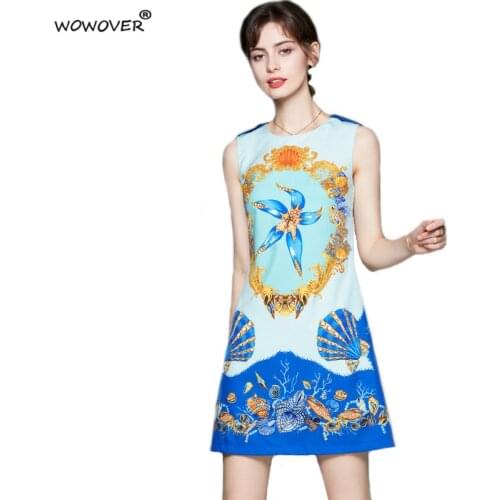 Fashion O Neck Sleeveless Vintage Print Loose Waist Summer Tank Dress Runway Women Robe Female Casual Above Knee Vestidos