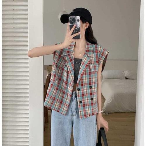 Woman Jacket Vest Plaid Suit Vest Womens Spring Flow Vest Jacket Chaleco Mujer