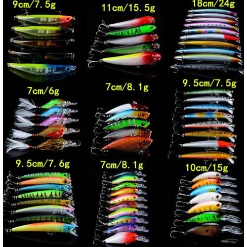 63pcs/lot Hard Baits Artificial Lifelike Fishing Lures Set Mixed 9 Varisized Models bait 63 Different Colors Fishing Wobblers