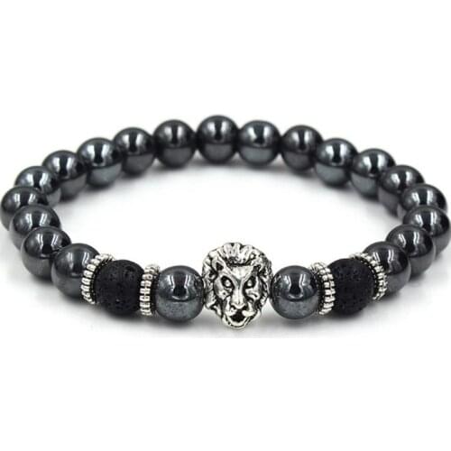 8mm dg42 micro pave cz zircon cubic zirconia elastic adjusted Charm lion nature stone agate Onyx volcanic lava Charm Bracelet