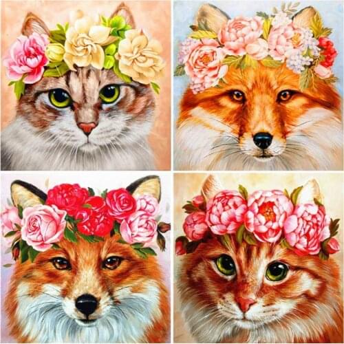 AZQSD Diamond Painting Cat Fox Flower Cross Stitch Handicraft Diamond Embroidery Animal Cross Stitch Rhinestones Home Decor