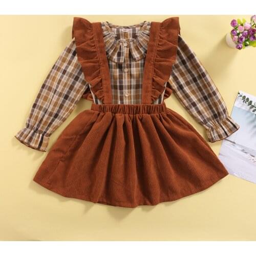 FOCUSNORM 2-6Y Lovely Kids Girls 2pcs Clothes Sets Plaid Printed Long Sleeve Peter Pan Collar Shirts Tops+Suspender Skirt