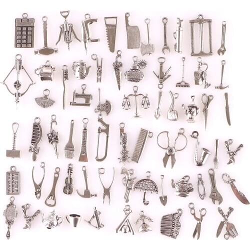 Tool Charm Collection 65pcs mixed Tibetan Silver Hammer Wrench Saw Pliers Tape Screwdriver Construction Drill Pendants Diy Craft