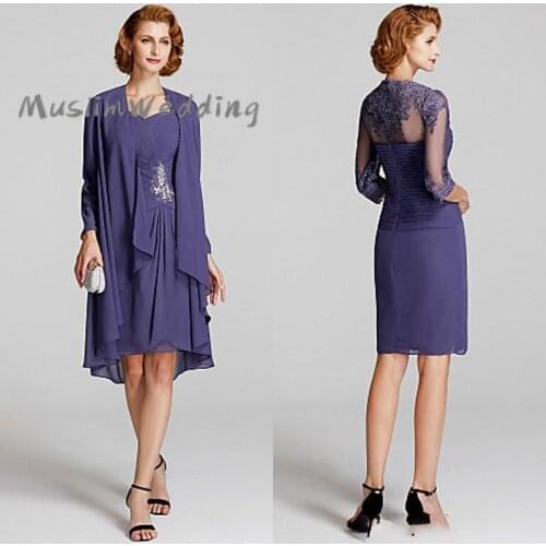Short Purple Two Pieces Mother Of The Bride Dresses 2020 Sweetheart Knee Length Chiffon Beaded Lace Outfit Wedding Party Dress