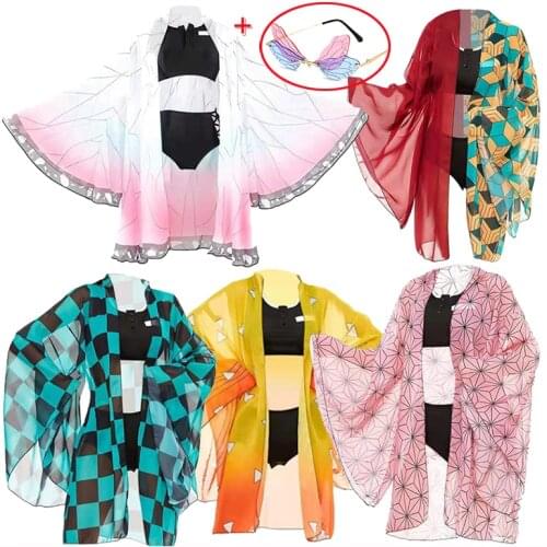 6 Styles Kochou Shinobu Swimwear Anime Demon Slayer Gauze Swimming Bikini Sunglasses Kimetsu No Yaiba Swimsuit Cosplay Costume