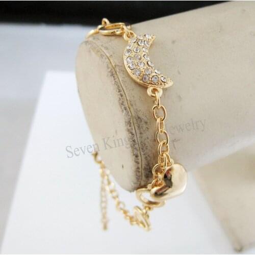 Min Order 10$/ FREE SHIPPING/7.9"+1.6" LADY - YELLOW GOLD GP OVERLAY MOON HEART CHARM CZ STONE BRACELET/GREAT GIFT