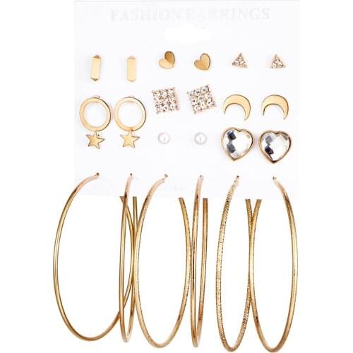 12 Pairs Pack Set Brincos Mixed Stud Earrings For Women Crystal Moon Heart Star Silver Color Ear Studs Fashion Jewelry Wholesale