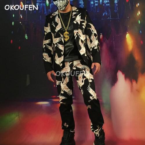 2018 New fashion Man retro crane print slim suits Nightclub bar singer DS DJ stage performance costume party show dance wear